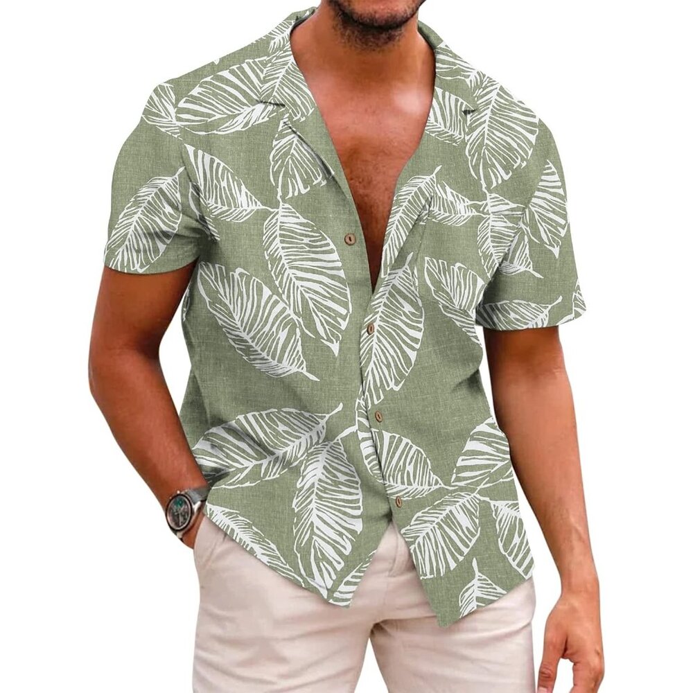 Men's Hawaiian Cotton Linen Button Down Tropical Holiday Beach Shirts Leaf